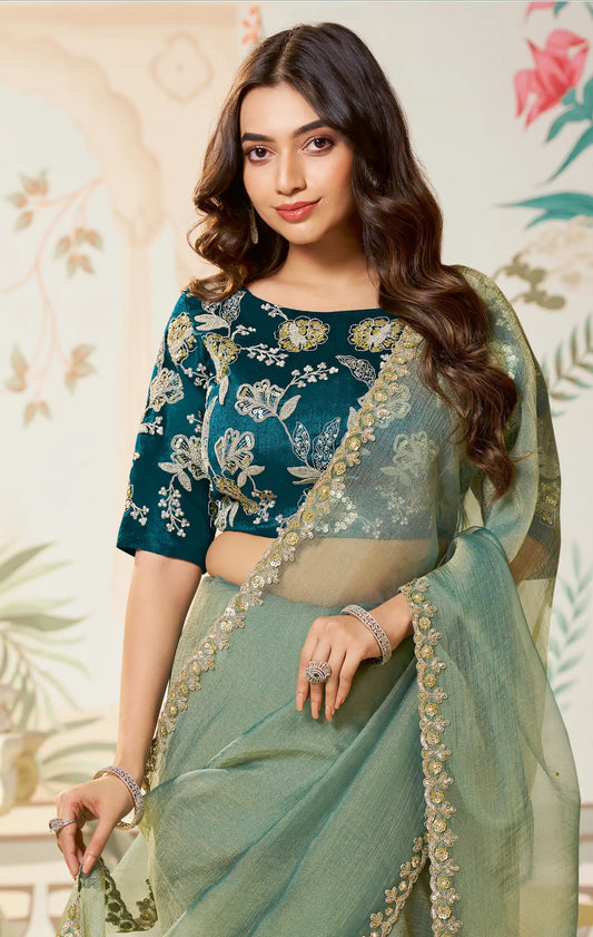 Sage Green Zari Organza Embroidery Party Wear Saree