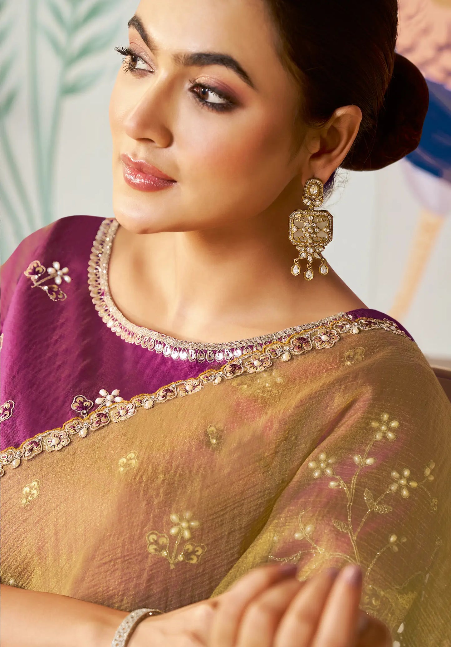 Golden Brown Satin Organza Embroidery Party Wear Saree