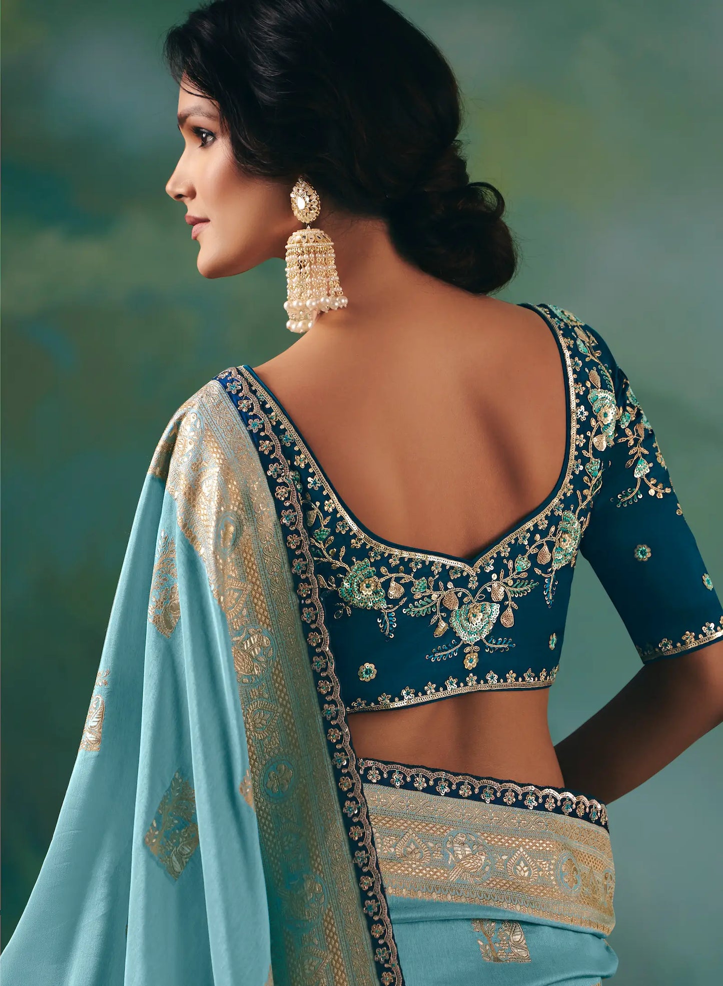 Sky Blue Dola Silk Saree With Embroidery Work Blouse