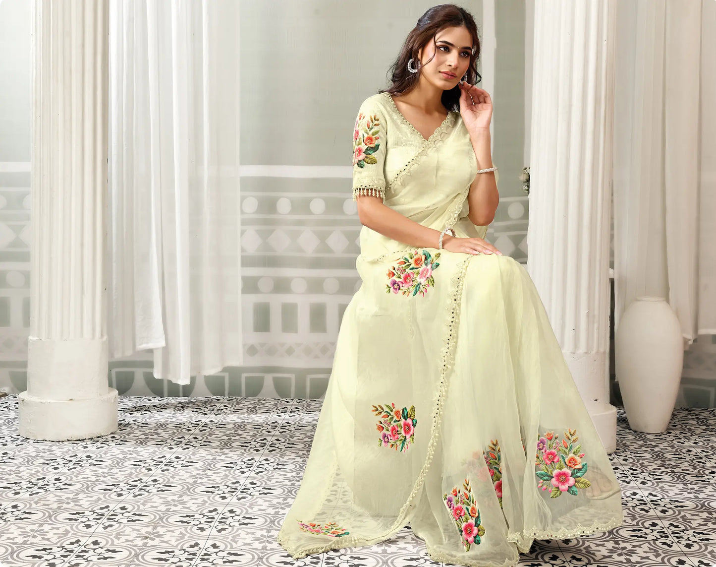 Off White Mirror & Pearl Border Work Saree