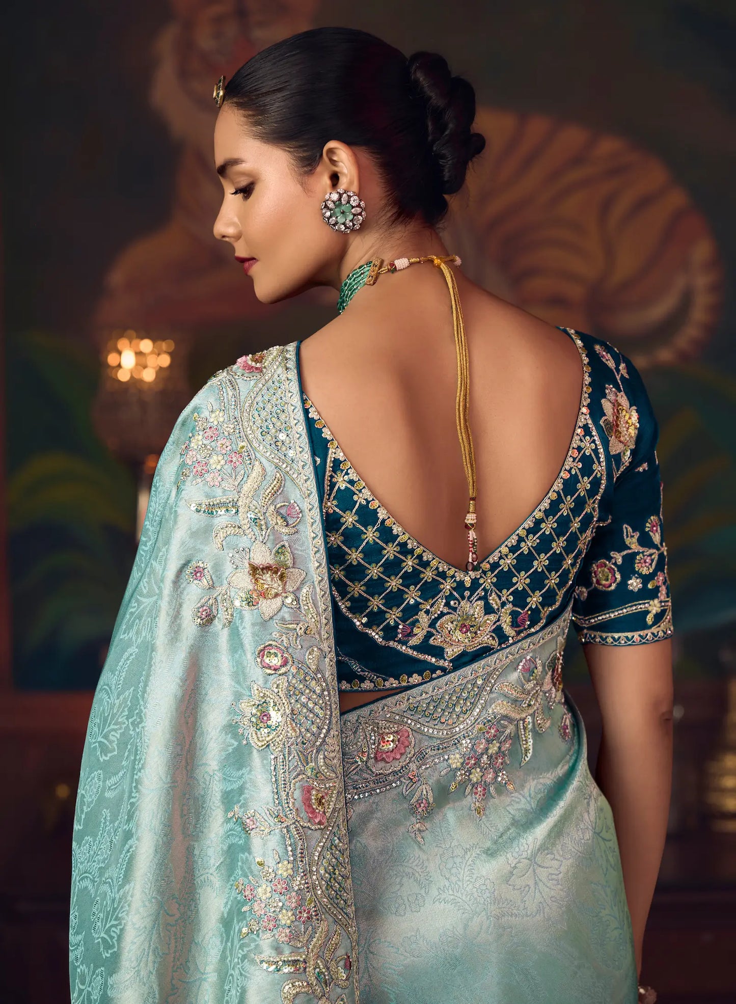 Powder Blue Heavy Embroidery & Handwork Silk Saree