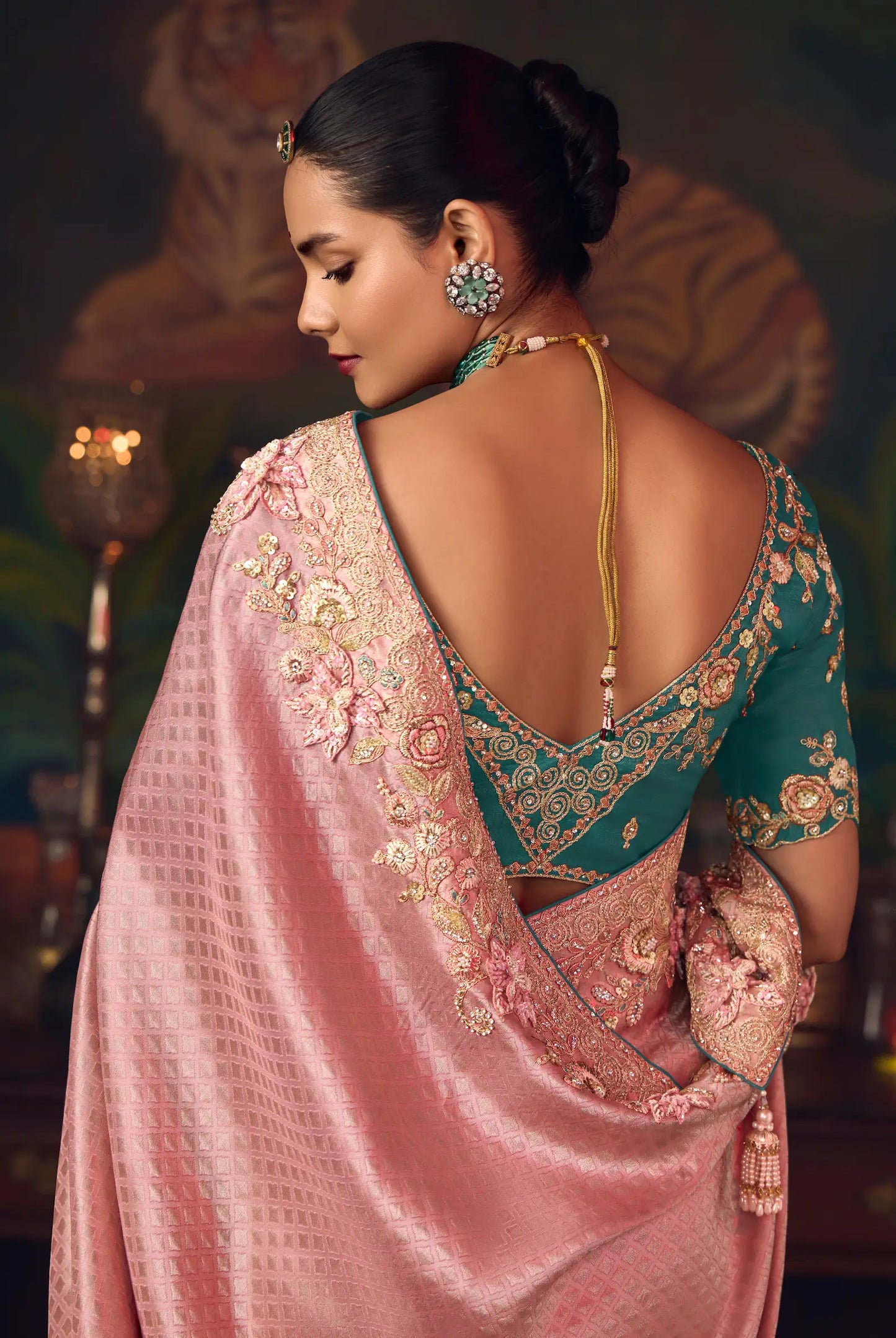 Flamingo Pink Heavy Embroidery & Handwork Silk Saree