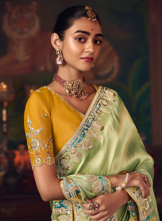 Pastel Green Heavy Embroidery & Handwork Silk Saree