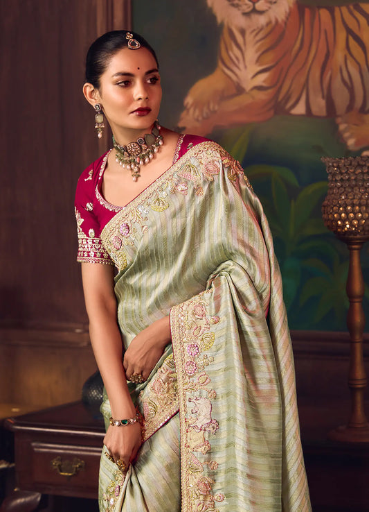 Metalic Gold Heavy Embroidery & Handwork Silk Saree