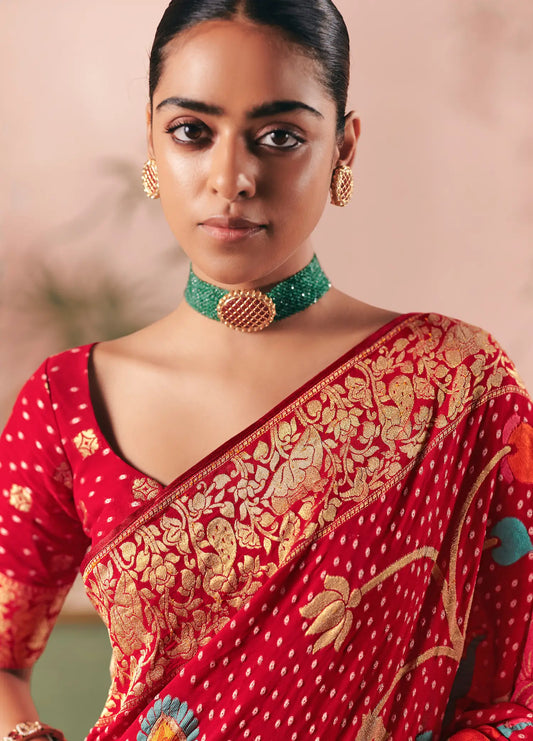 Scarlet Red Georgette Bandhej Weaving Saree