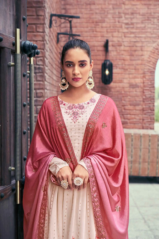 Chiku Pink Georgette Palazzo Salwar Suit With Thread And Sequins Embroidered Work