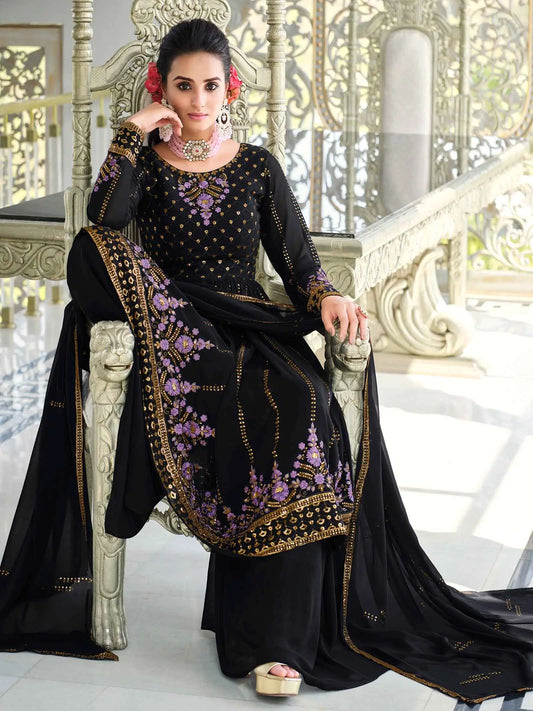 Dark Blue Georgette Palazzo Salwar Suit With Thread And Sequins Embroidered Work