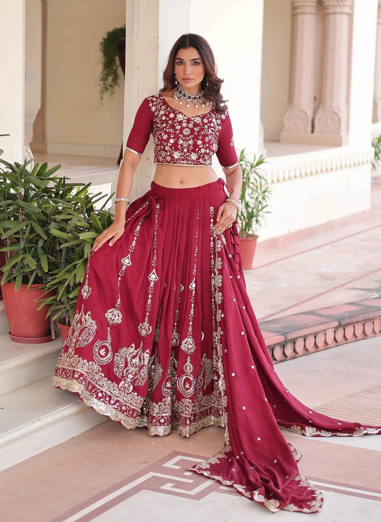 Red Silk Lehenga Choli With Sequins Embroidery Work