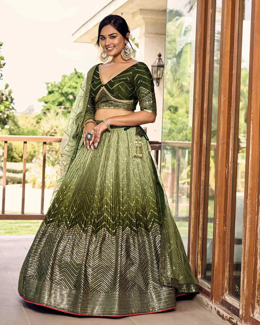 Dark And Light Green Lehenga Choli With Thread And Sequins Embroidery Work