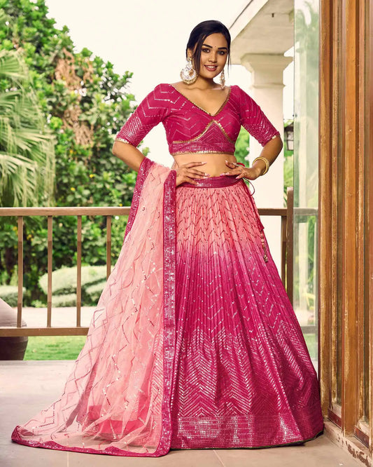 Peach And Pink Lehenga Choli With Thread And Sequins Embroidery Work