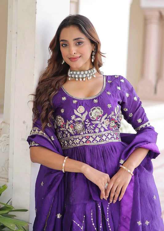 Dark Purple Sequins Embroidery Work Lehenga