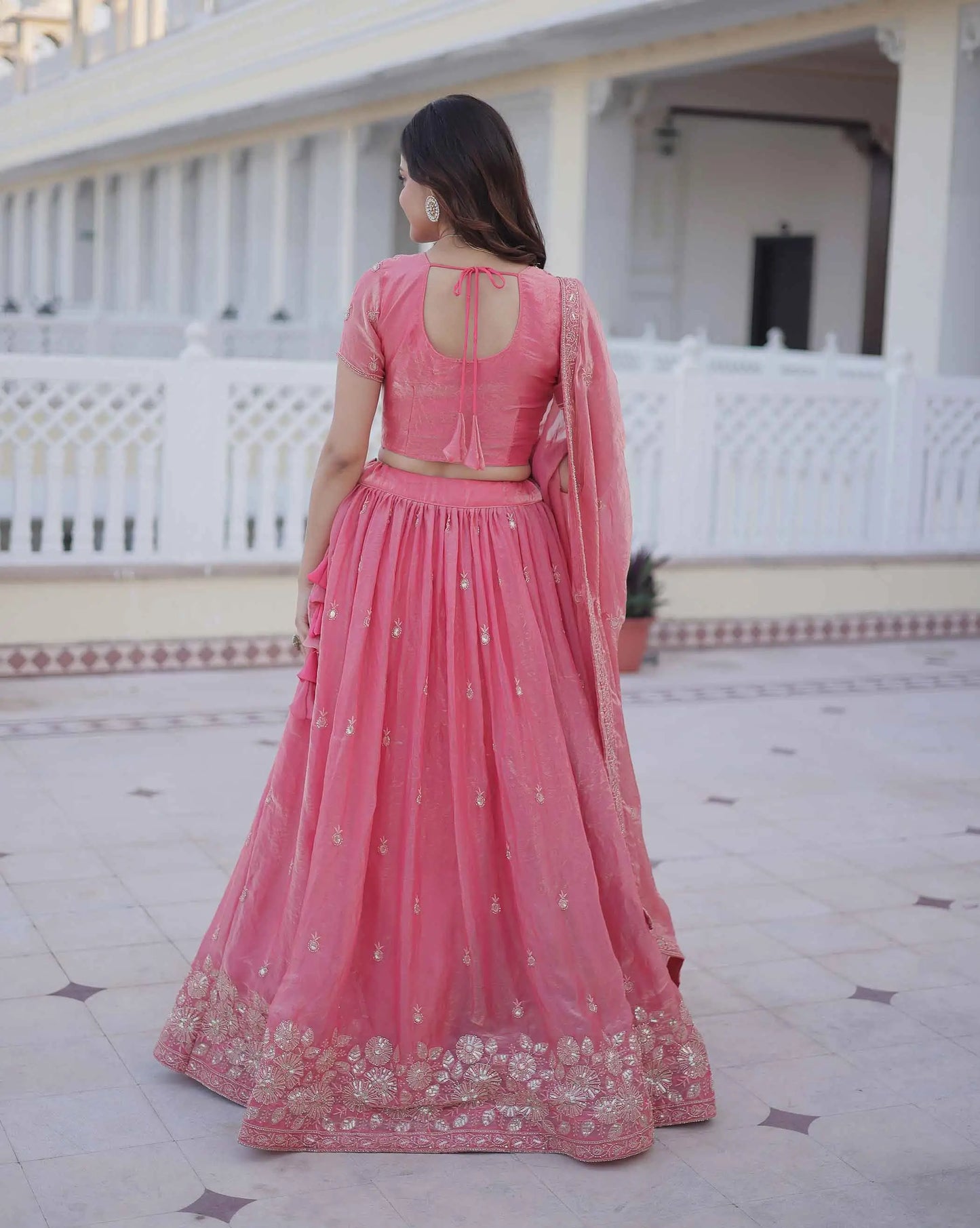 Tulip Pink Embroidery Work Silk Lehenga