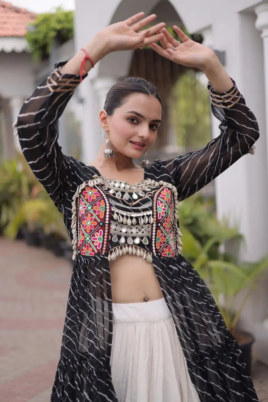 Black Lehriya Print Kurti Lehenga With Kutchi Patchwork For Navratri