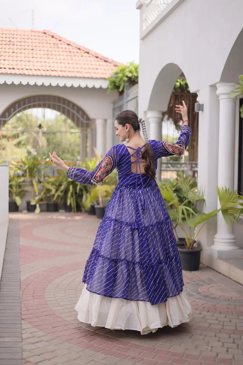 Blue Lehriya Print Kurti Lehenga With Kutchi Patchwork For Navratri