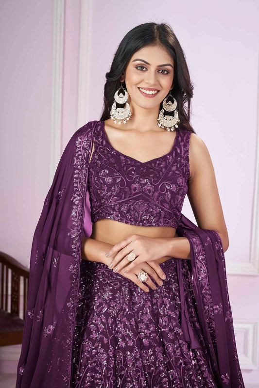 Wine Georgette Lehenga With Sequins And Thread Embroidered Work