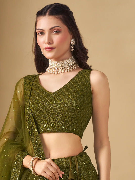 Mehendi Green Designer Lehenga With Sequins Embroidery Work And Dupatta