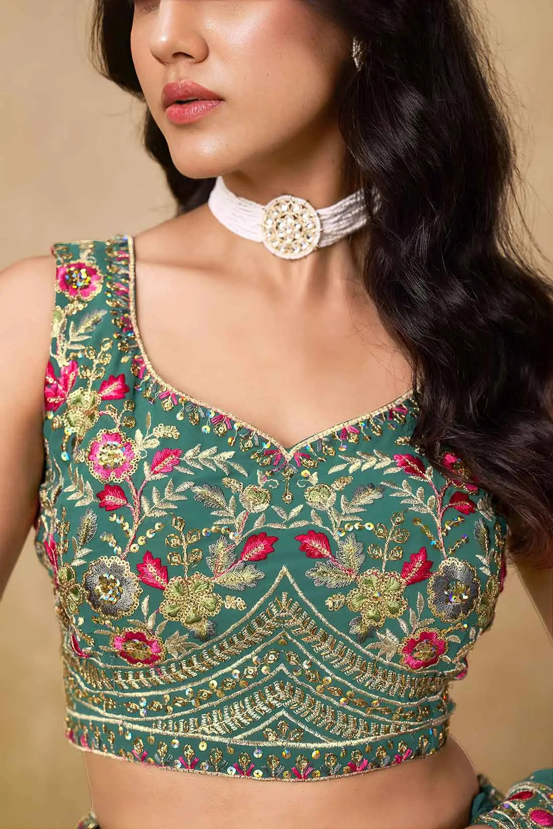 Beetle Green Sequins Embroidery Work Lehenga Choli