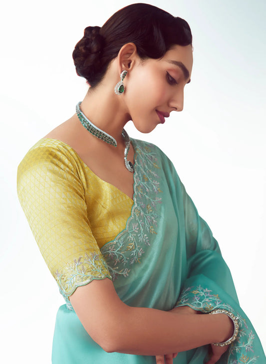 Cyan Blue Party Wear Saree With Embroidery & Hand Work
