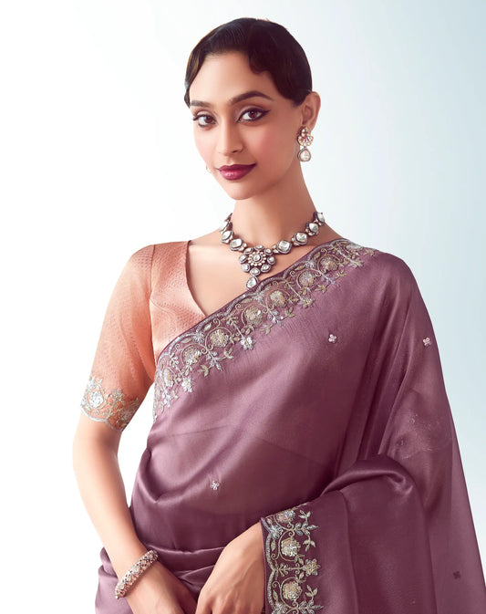 Dark Mauve Party Wear Saree With Embroidery & Hand Work