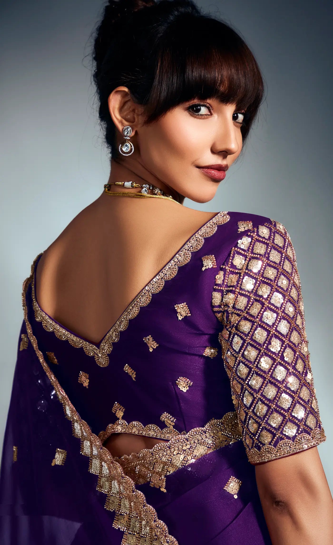 Dark Purple Organza Tissue Khatli Work Saree