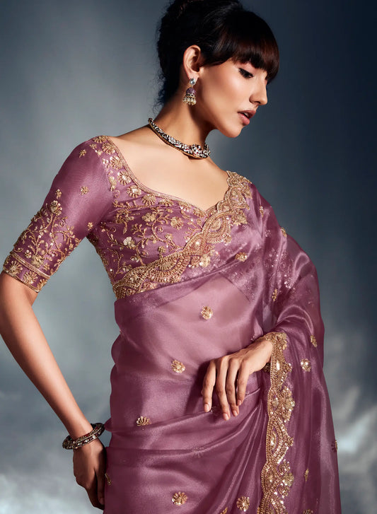 Turkish Rose Organza Tissue Khatli Work Saree
