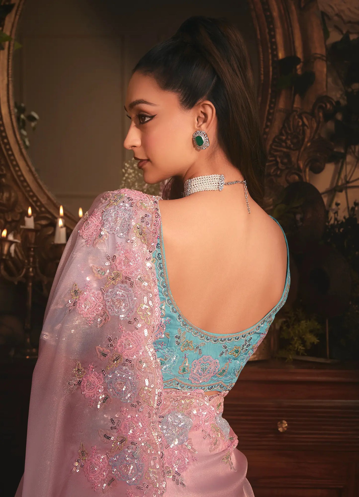 Blush Pink Tissue Organza Heavy Embroidery Saree