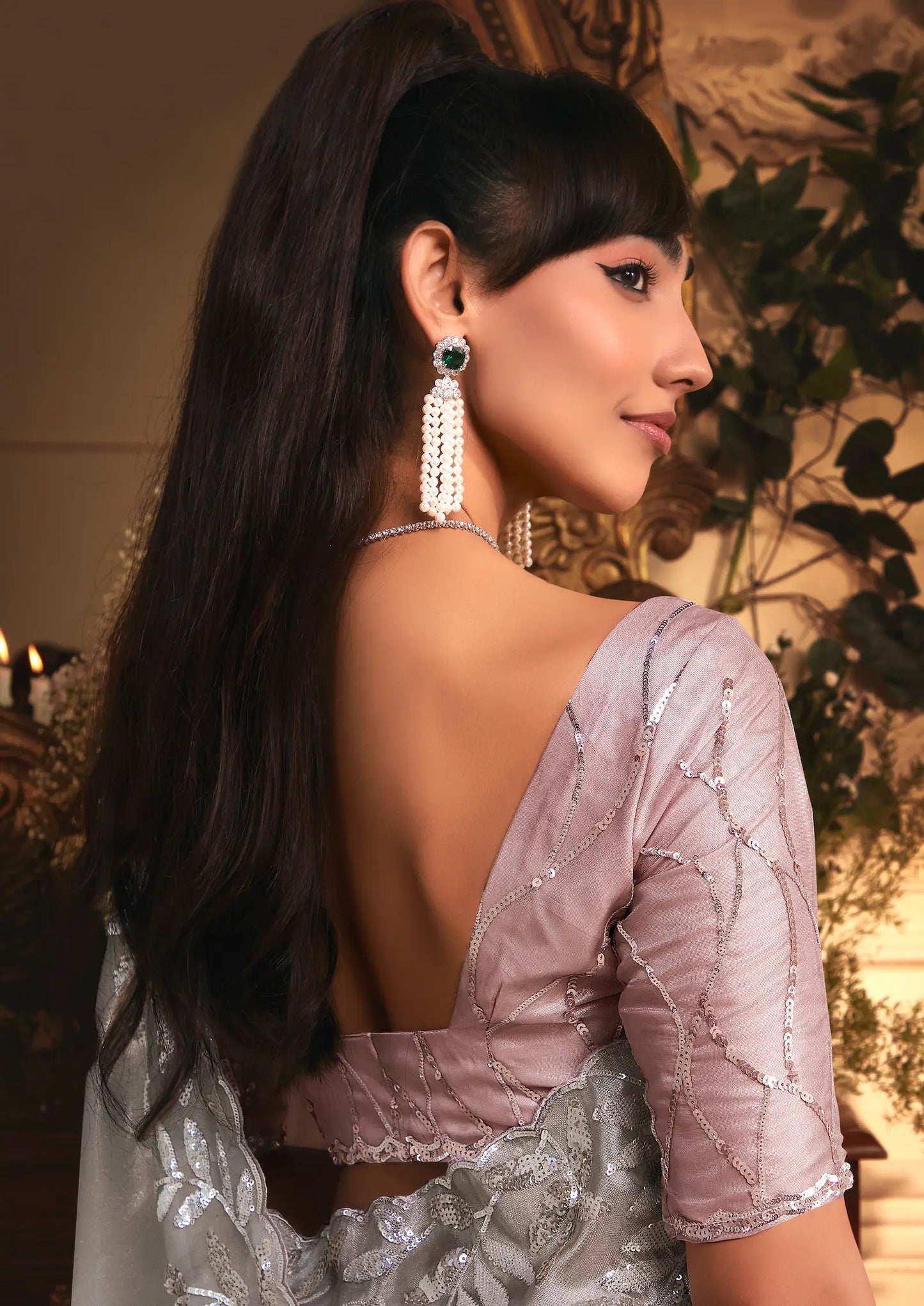 Silver Grey Tissue Organza Heavy Embroidery Saree