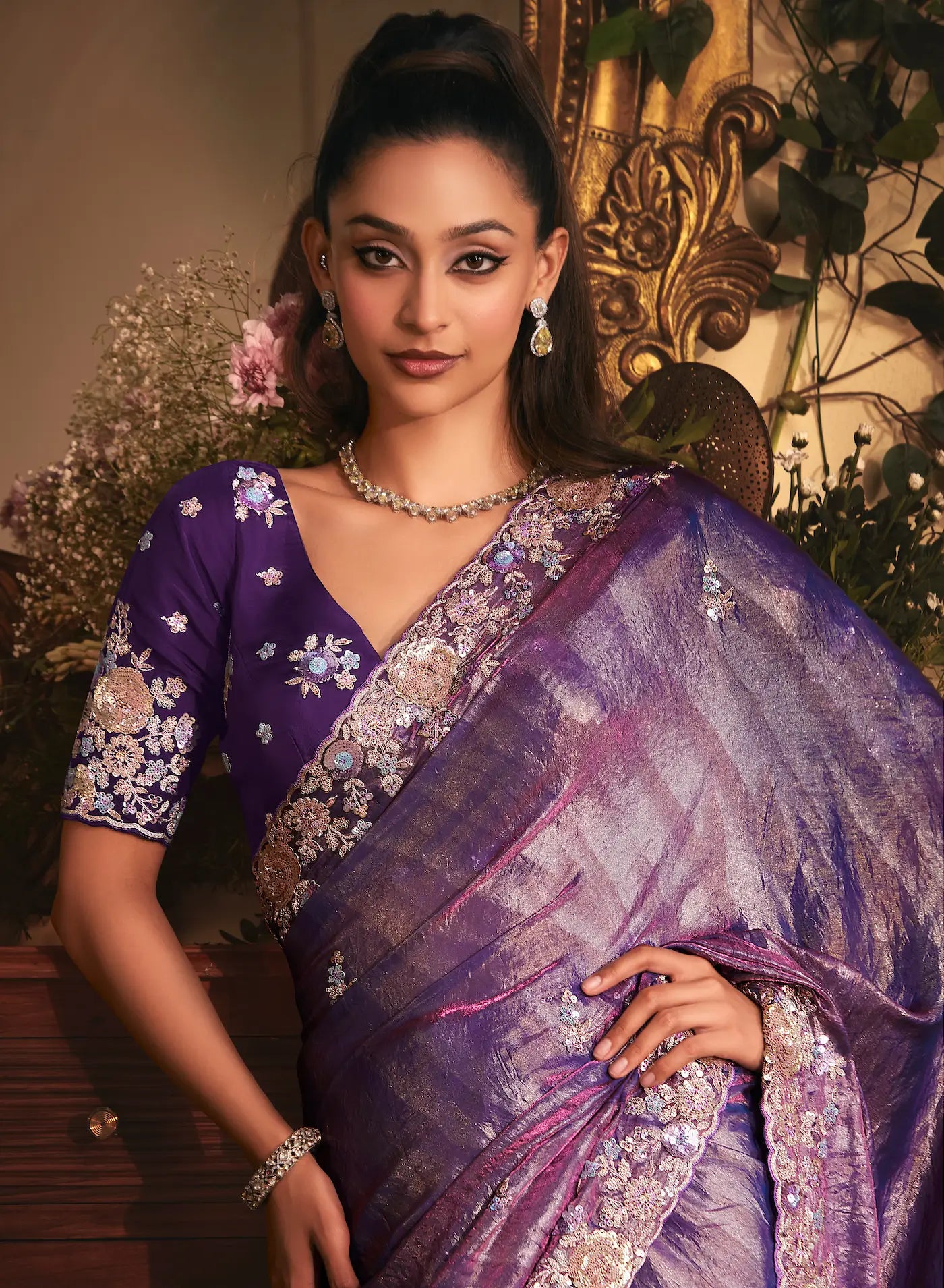 Shaded Purple Tissue Organza Heavy Embroidery Saree