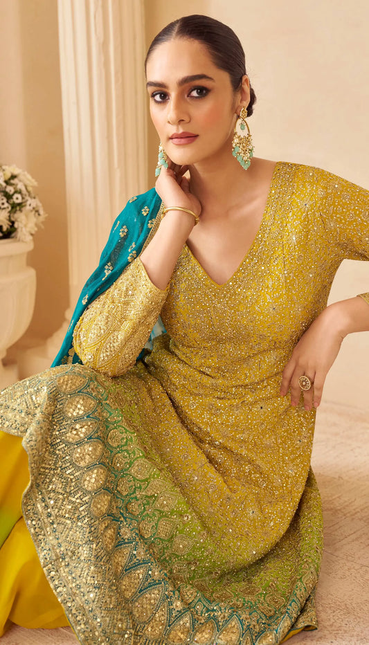 Mustard Yellow Handwork Salwar Palazzo Ensemble