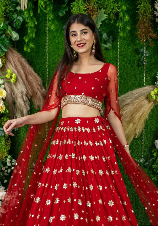 Red Georgette Lehenga With Sequins And Zari Embroidered Work