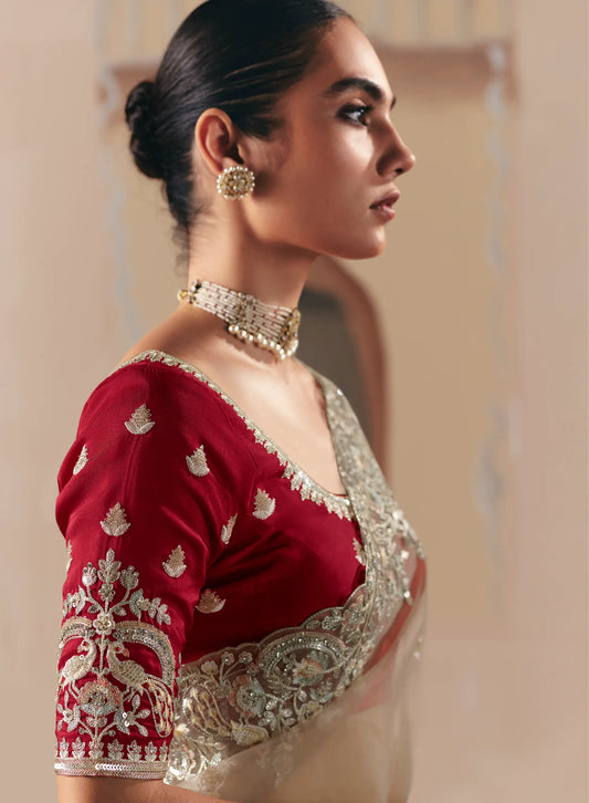 Sand Brown Fancy Embroidery & Stone Work Saree