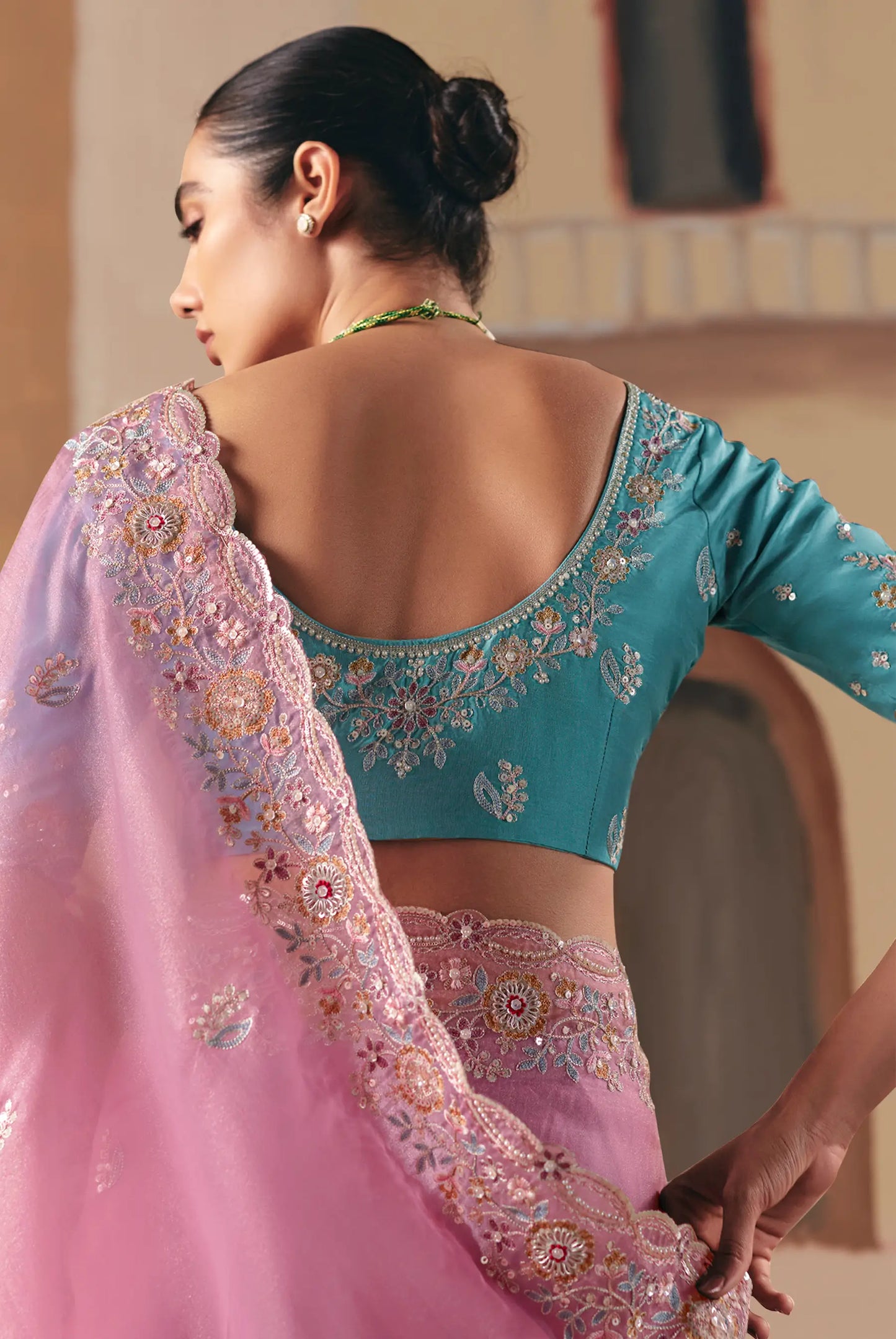 Rosy Pink Fancy Embroidery & Stone Work Saree