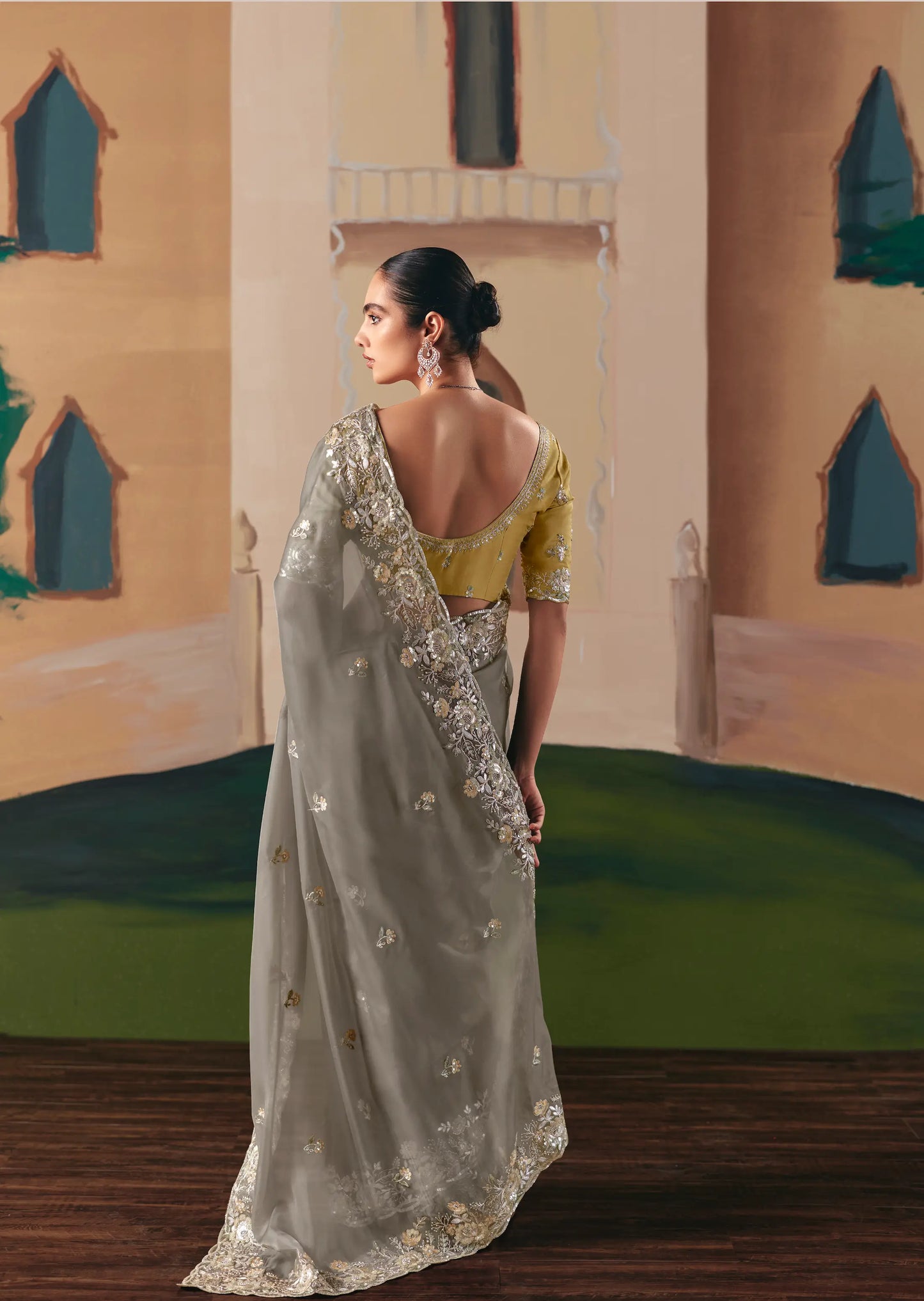 Dark Grey Fancy Embroidery & Stone Work Saree