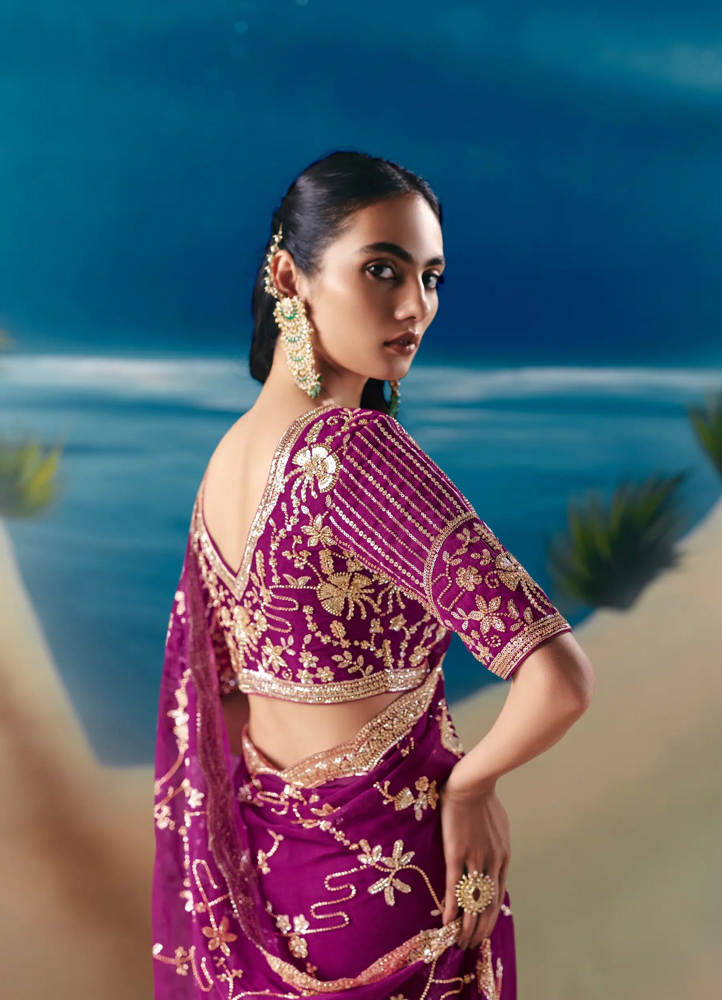 Grape Purple Satin Organza Heavy Embroidery Saree