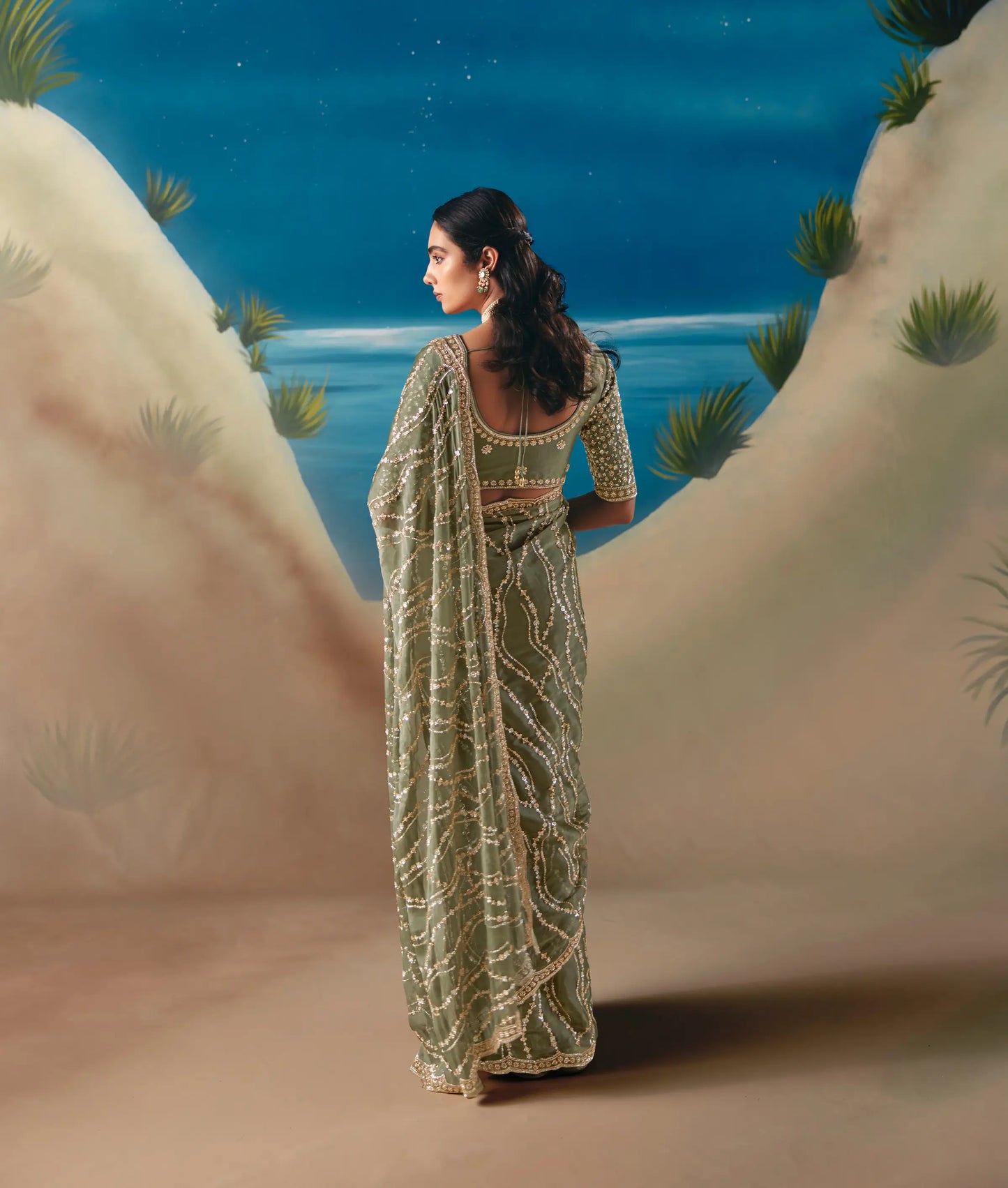 Olive Green Satin Organza Heavy Embroidery Saree