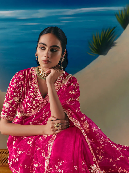 Rose Red Satin Organza Heavy Embroidery Saree
