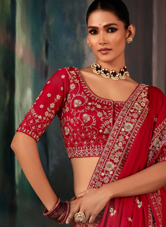 Cherry Red Bridal Saree With Aari & Hand Work