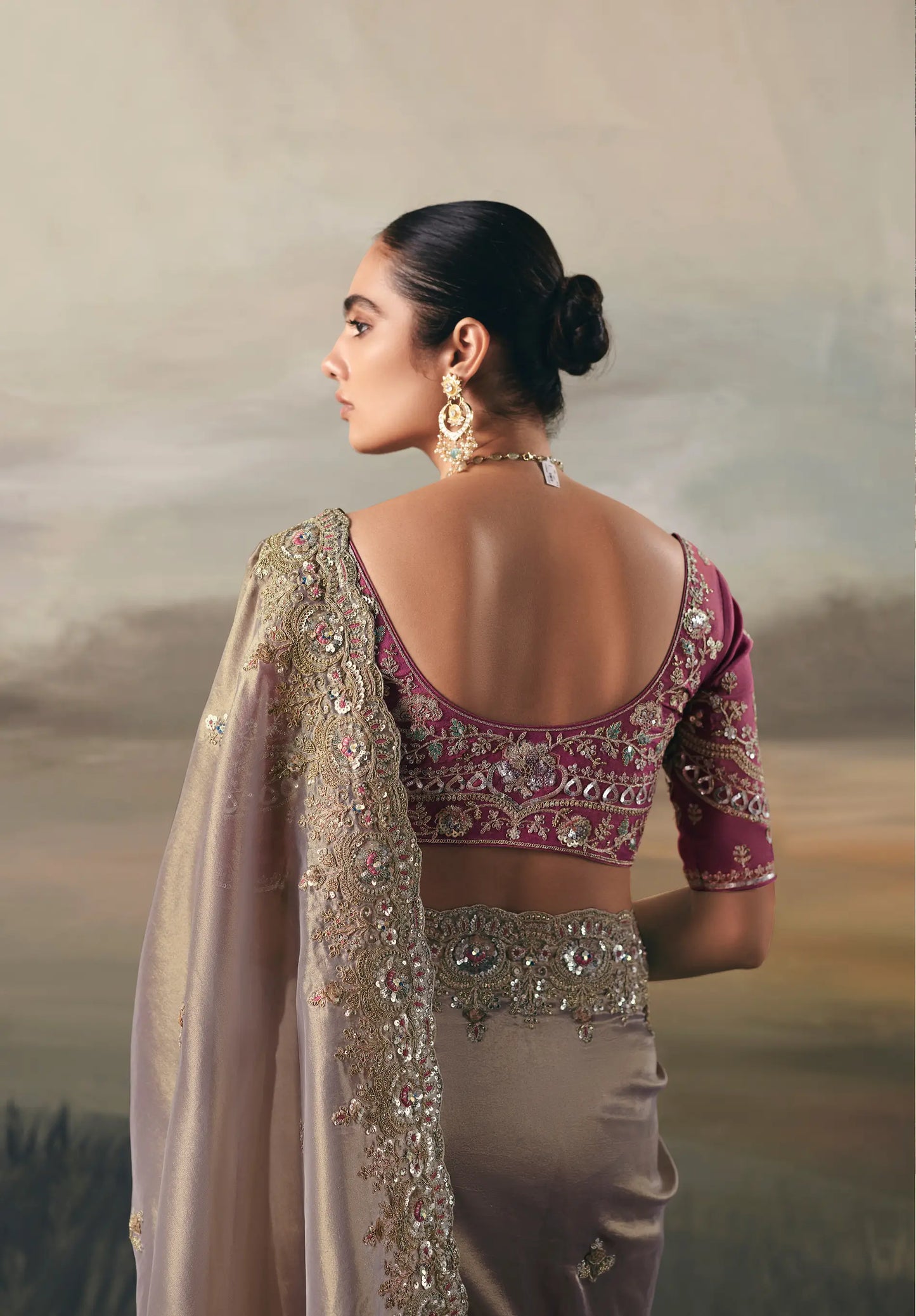 Silver Grey Heavy Embroidered Tissue Silk Saree