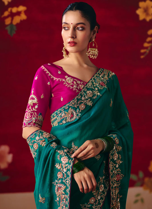 Deep Teal Heavy Embroidered Saree