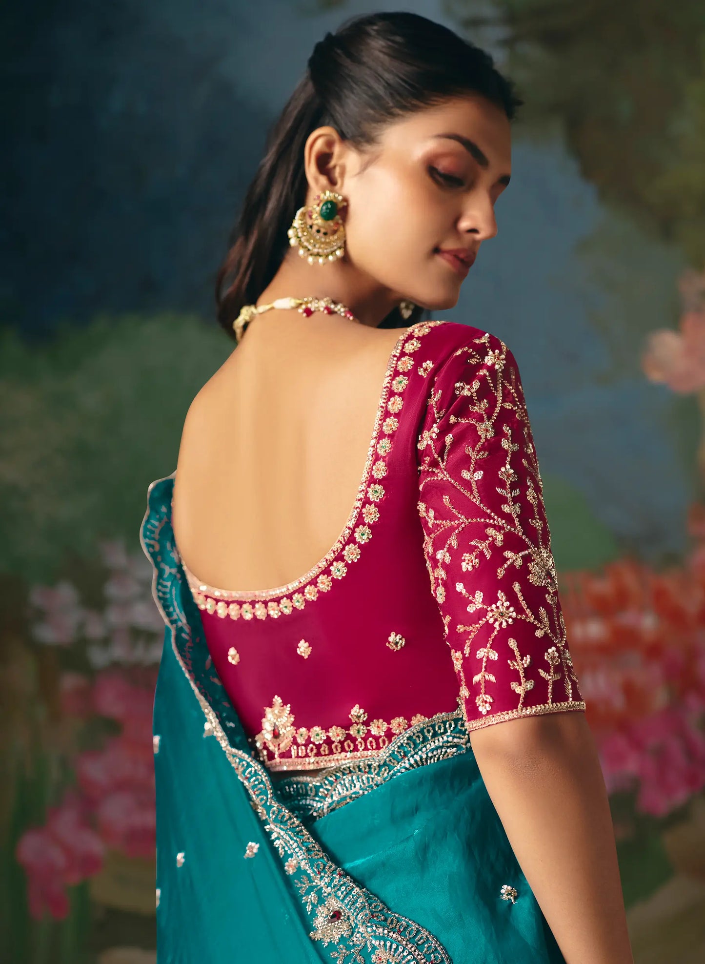 Teal Blue Sequins & Beads Embroidery Saree
