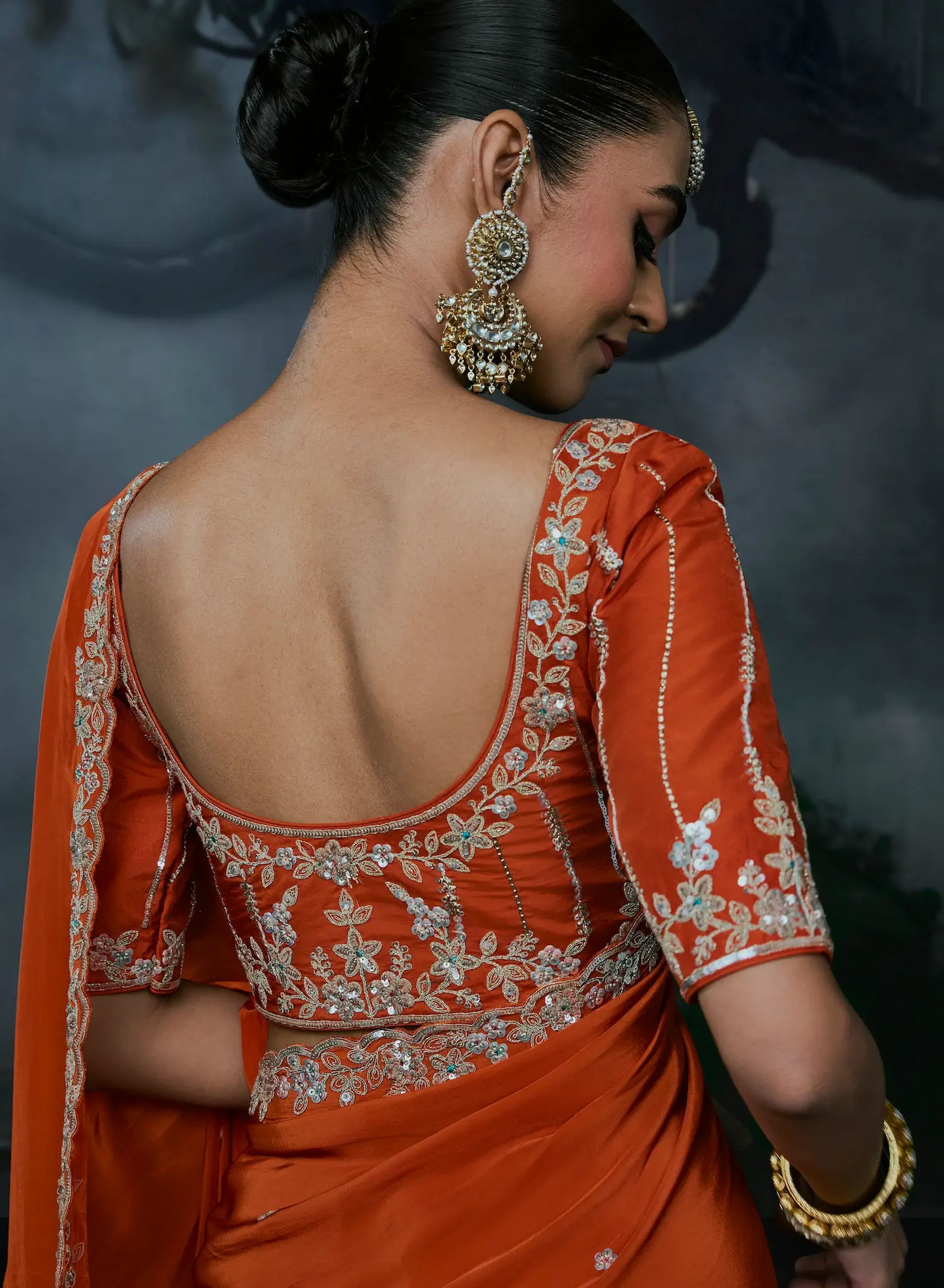 Deep Orange Tissue silk Embroidered Saree