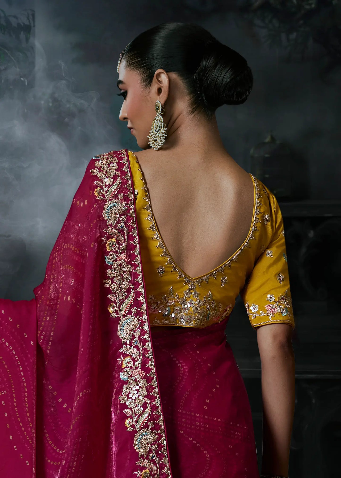 Rani Pink Satin silk Embroidered Saree