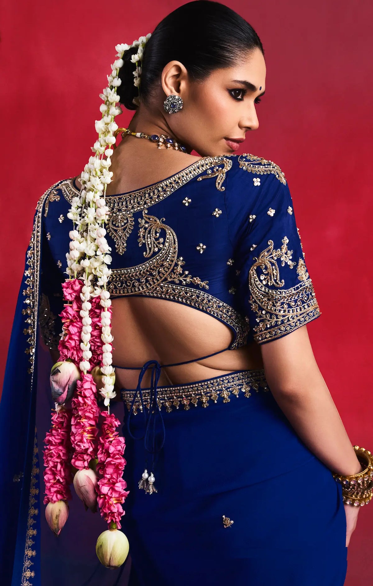 Royal Blue Embroidery & Beads Work Saree