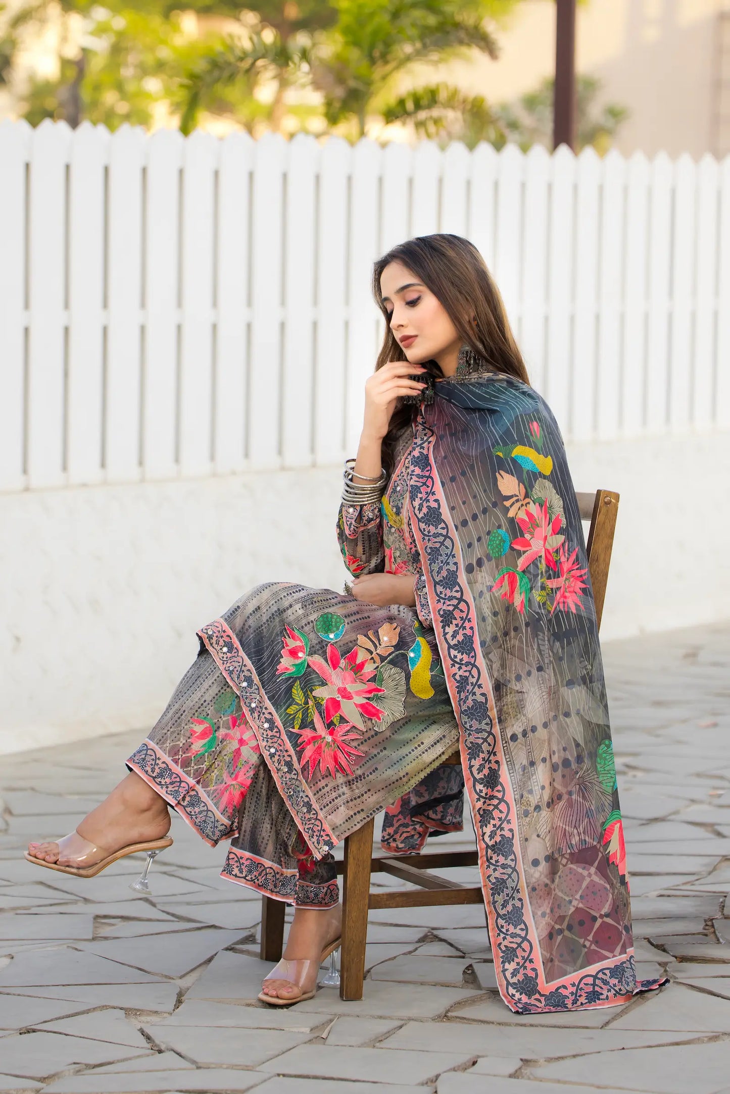 Grey Multicolor Chinon Salwar Suit With Print & Hand Work