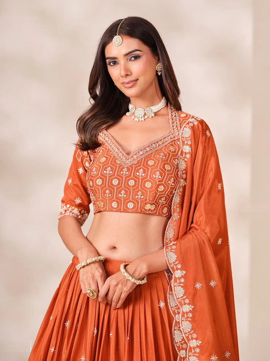 Orange Lehenga Choli With Embroidery Work