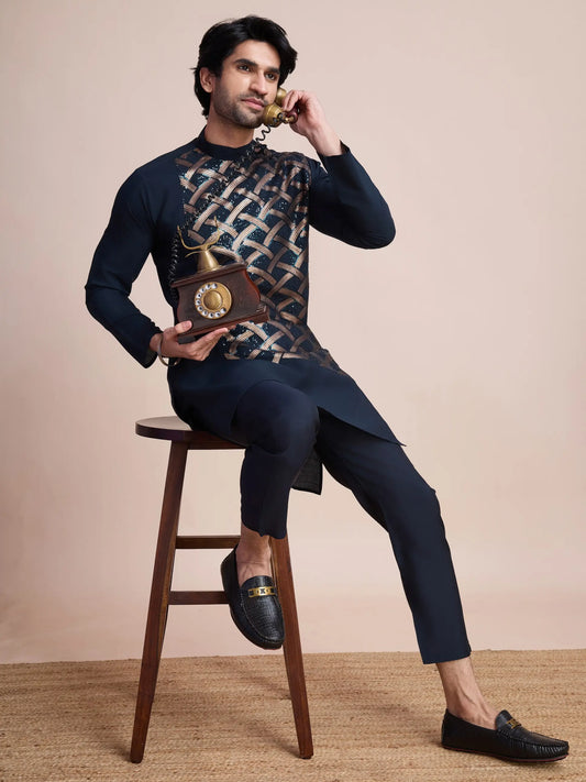 Navy Blue Silk Thread & Sequins Embroidered Work Kurta