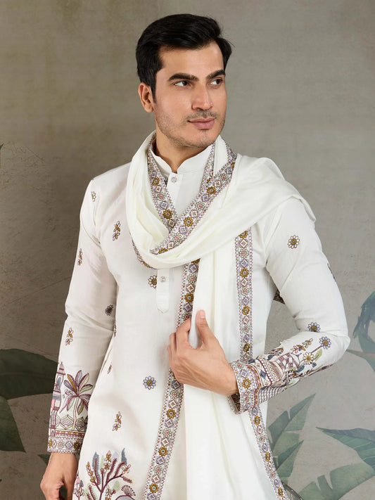 White Viscose Silk Thread & Sequence Embroidered Work Kurta With Pant & Dupatta