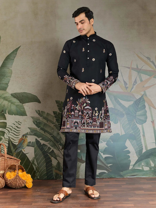 Black Viscose Silk Thread & Sequence Embroidered Work Kurta With Pant & Dupatta