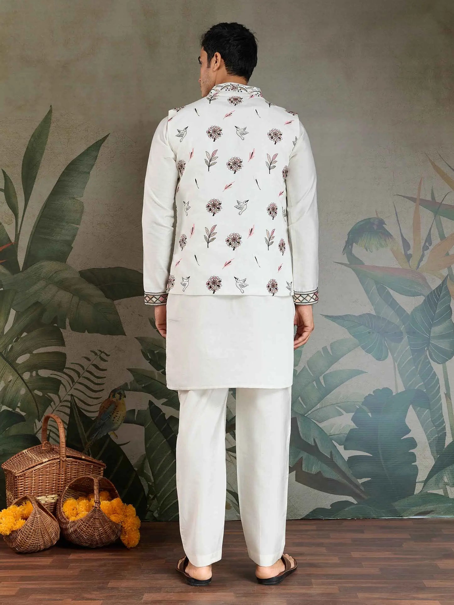 White Thread Sequins Embroidery Work Wedding Wear Silk Kurta And Jacket