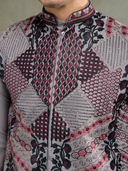 Grey Silk Thread & Swarovski Embroidered Work Kurta Set With Koti (Jacket)